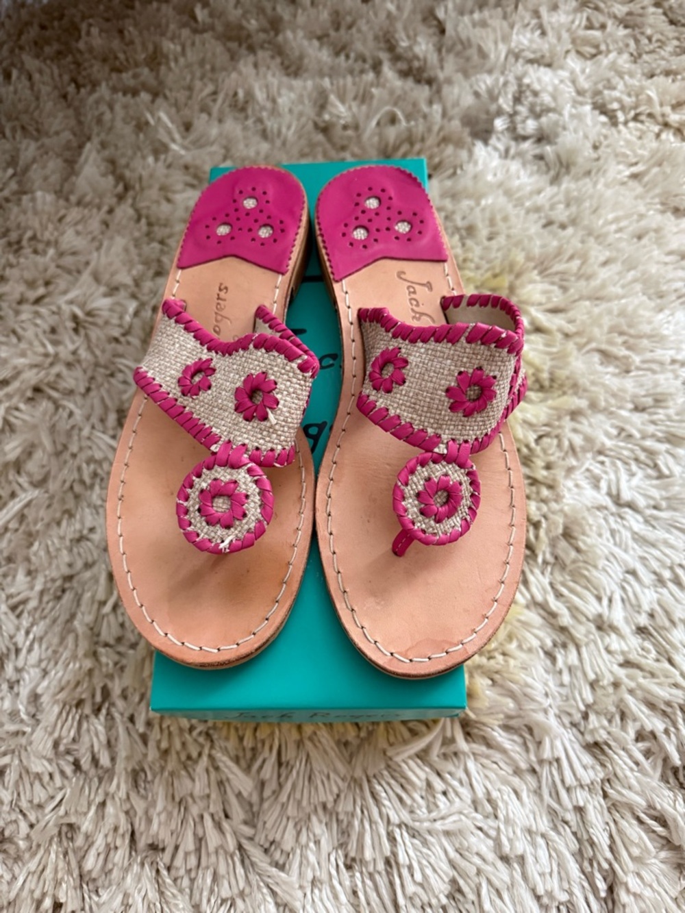Jack Rogers Natural Raffia Sandals with Magenta Braided Trim. Sz 8M